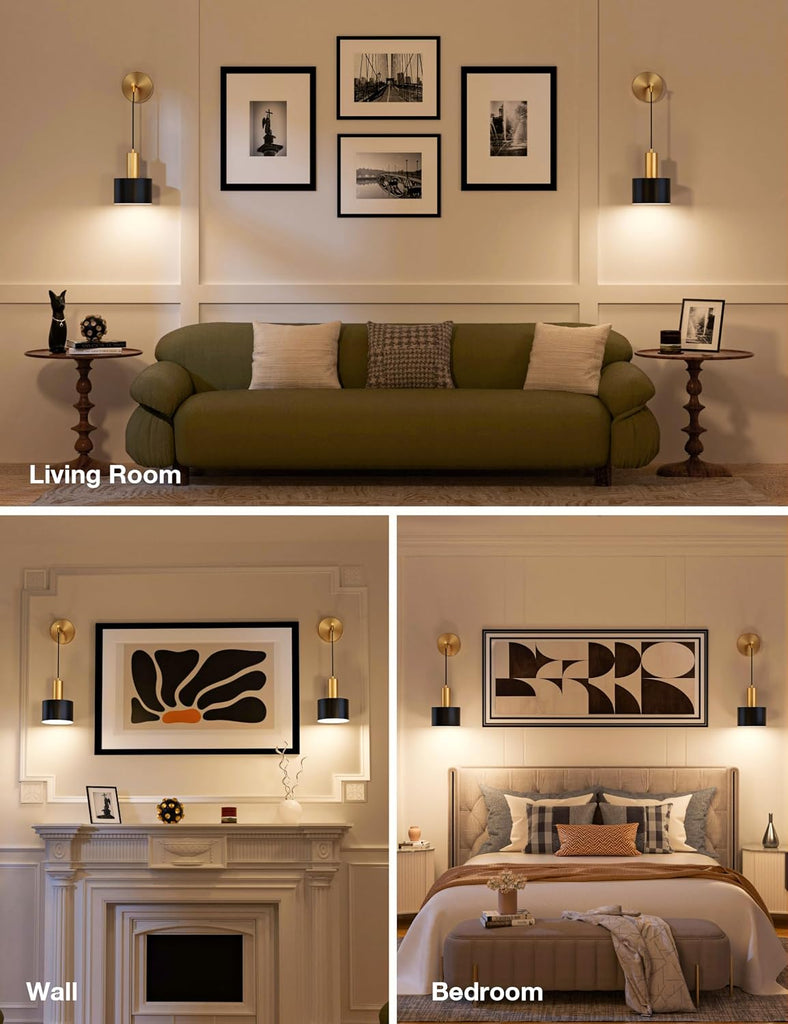 Battery Operated Wall Sconce Set of 2, Gold & Black Wireless Rechargeable Wall Lights with 5200mAh Dimmable