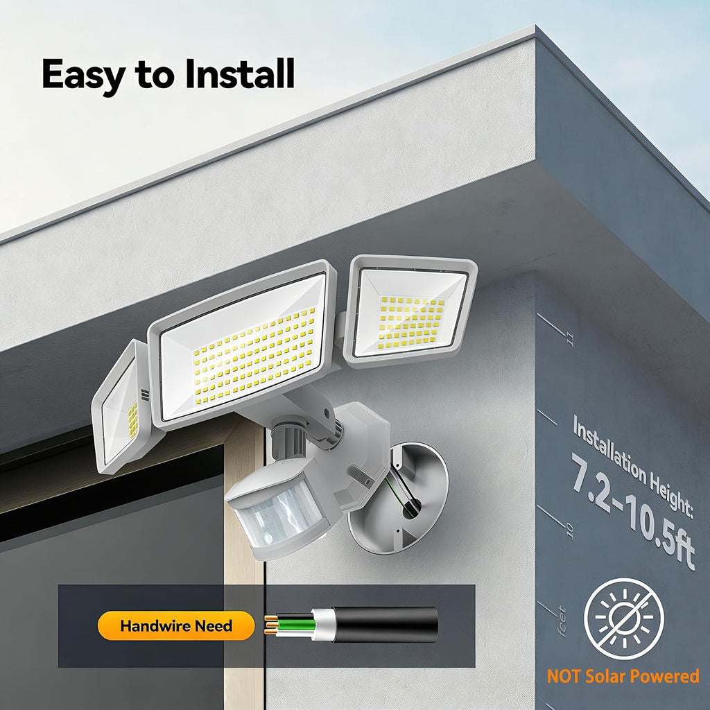 7500LM Motion Sensor Outdoor Lights, 150-LED 3-Head Security Light with Remote Control, 300°Wide Angle Flood Wall