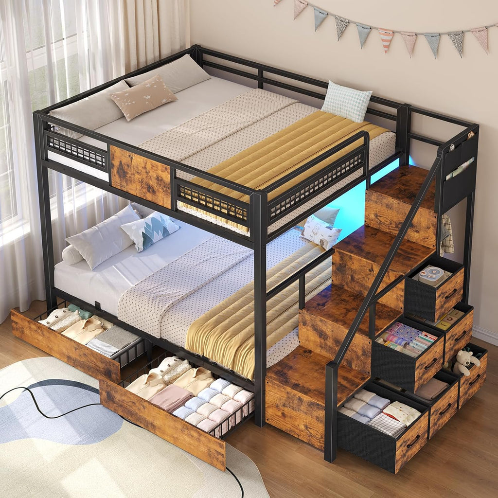 Bunk Bed Full Over Full with Stairs, LED Lights Full Bunk Bed with 2 Storage Drawers & 6 Fabric Drawers