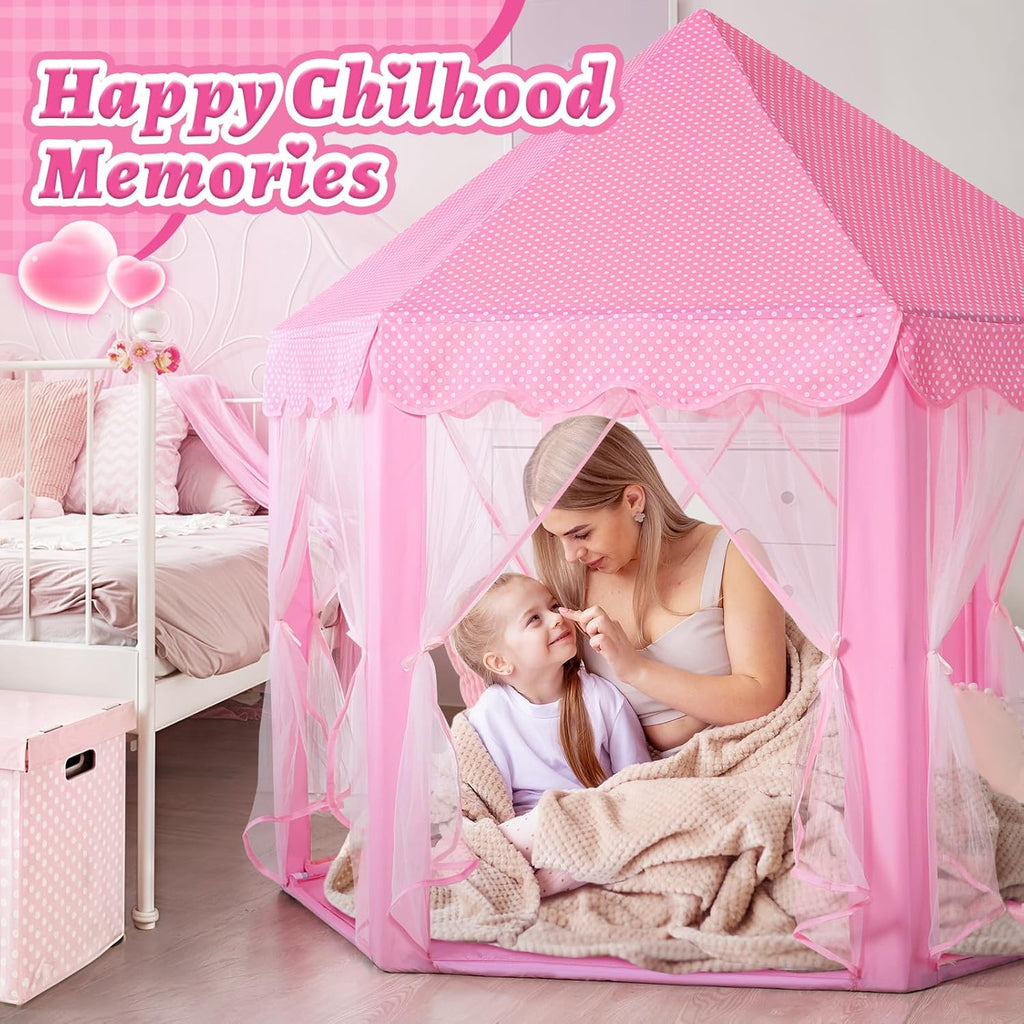 Princess Castle Play Tent for Girls - Large 55'' x 53'' Playhouse with Star Lights for Indoor and Outdoor Play