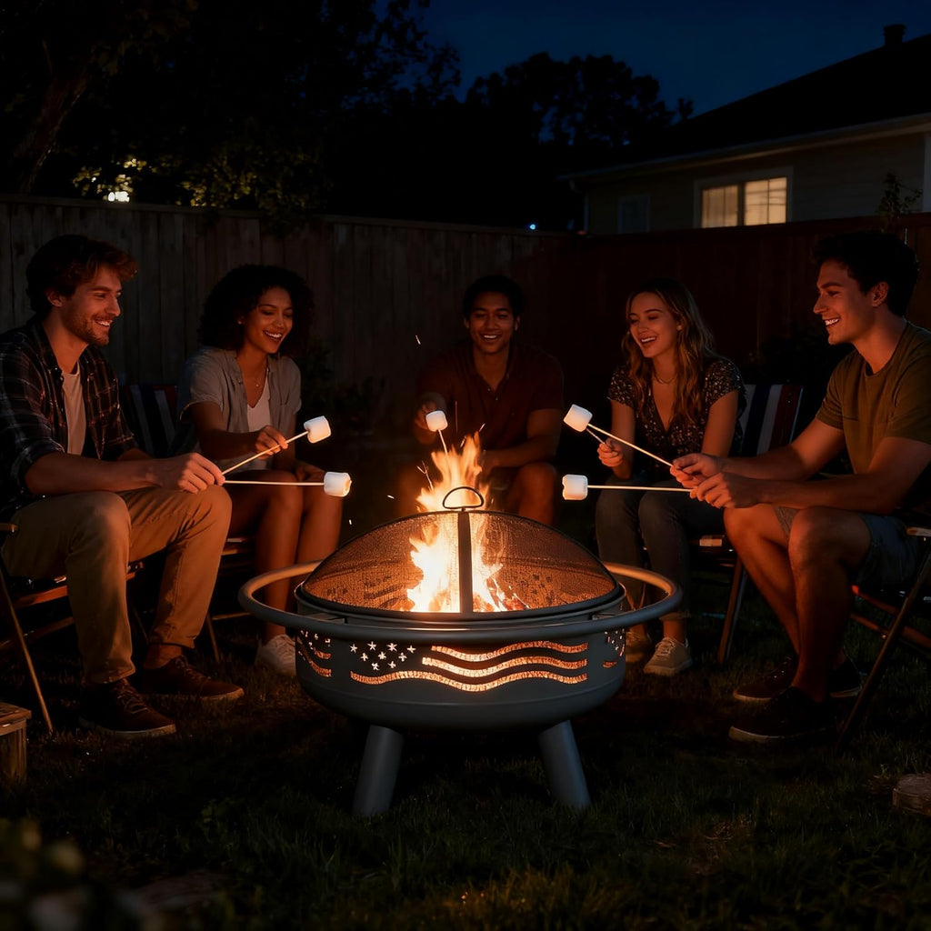 32 Inch American Flag Fire Pit with Mesh Cover & Poker, Round Metal Wood Burning Outdoor Firepit
