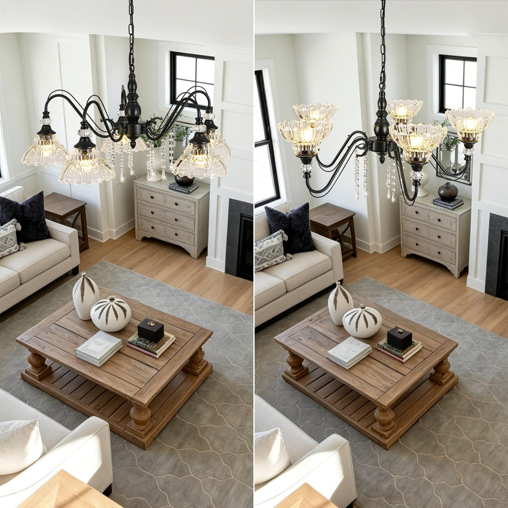 5-Light Chandelier in Matte Black Finish with Flower-Shaped Glass Shades and Hanging Crystal Accents, Farmhouse