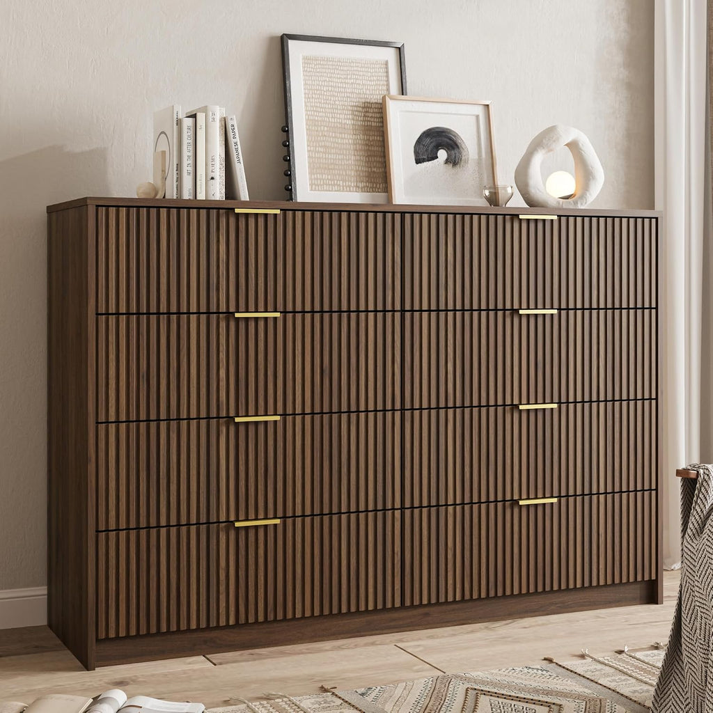 Dresser , 8 Drawer Double Dresser, Modern Chest of Drawers and Closet, 55" L x 15.7" D x 37.4" H, Walnut