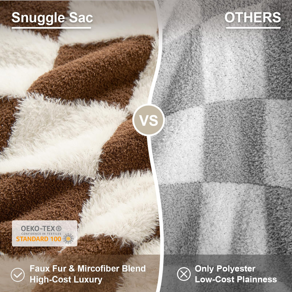 Brown Checkered Throw Blanket Faux Fur Microfiber Blankets for Couch, Cozy Soft Warm Blanket for Sofa Bedroom Living