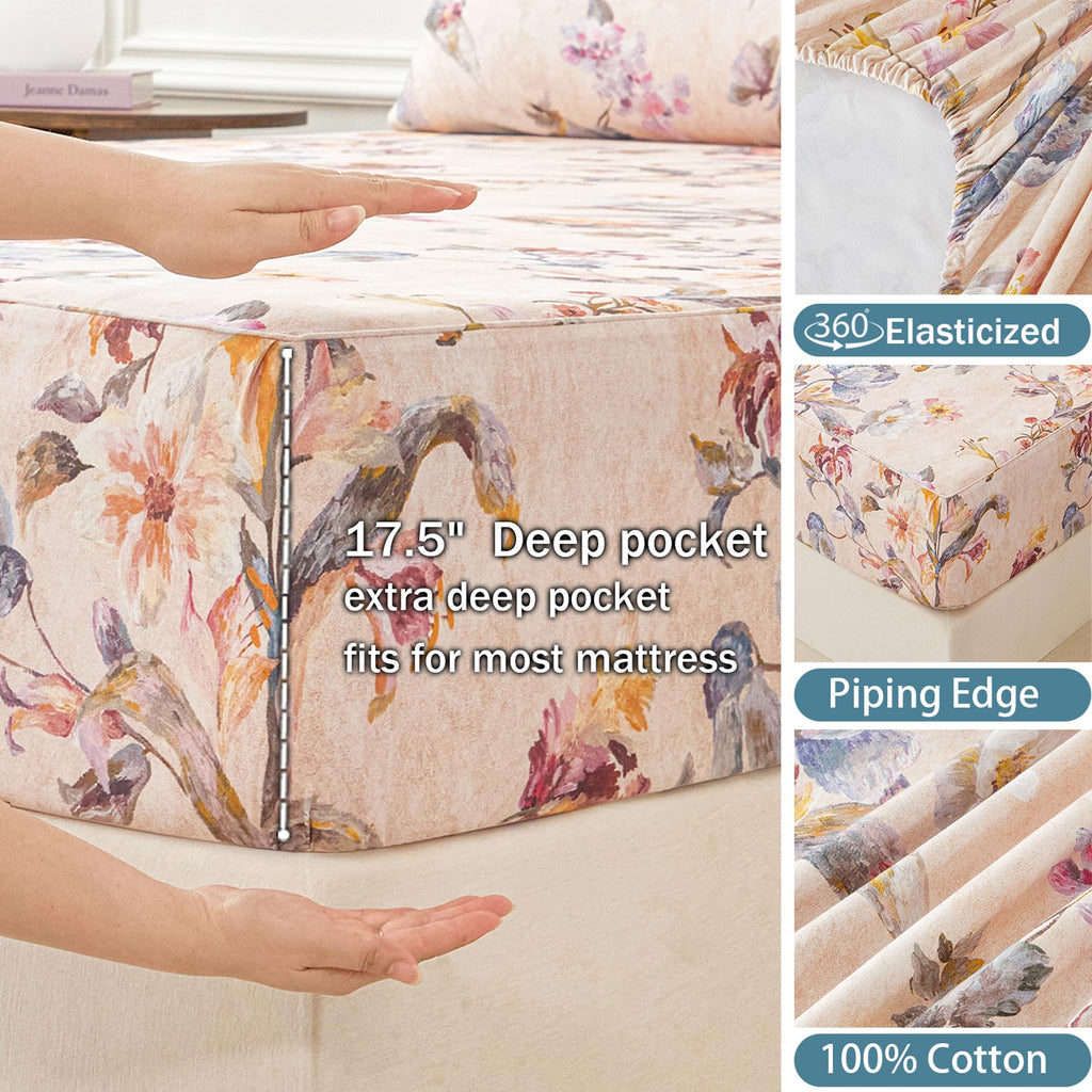 Beige Floral Bed Sheets Set King 100% Brushed Cotton Flannel-Like Sheets Luxury Vintage Tulip Flower Printed