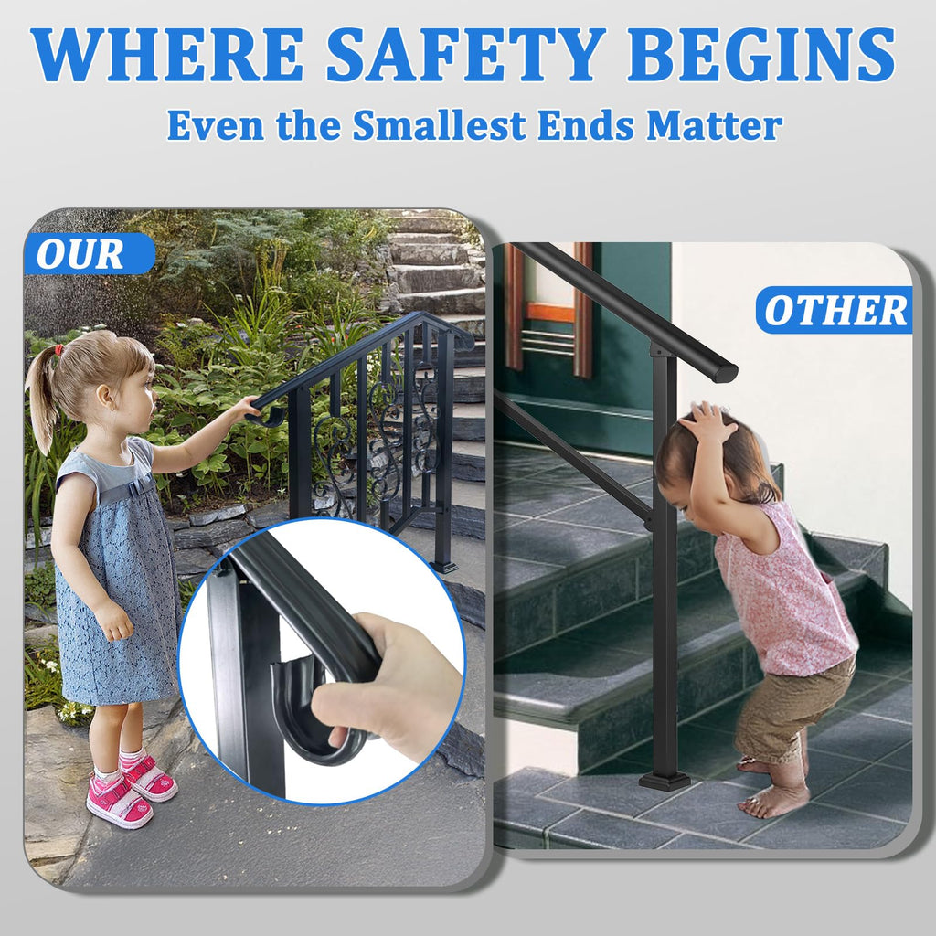 Outdoor Stair Railing Black Wrought Iron Handrail for 2 to 3 Steps