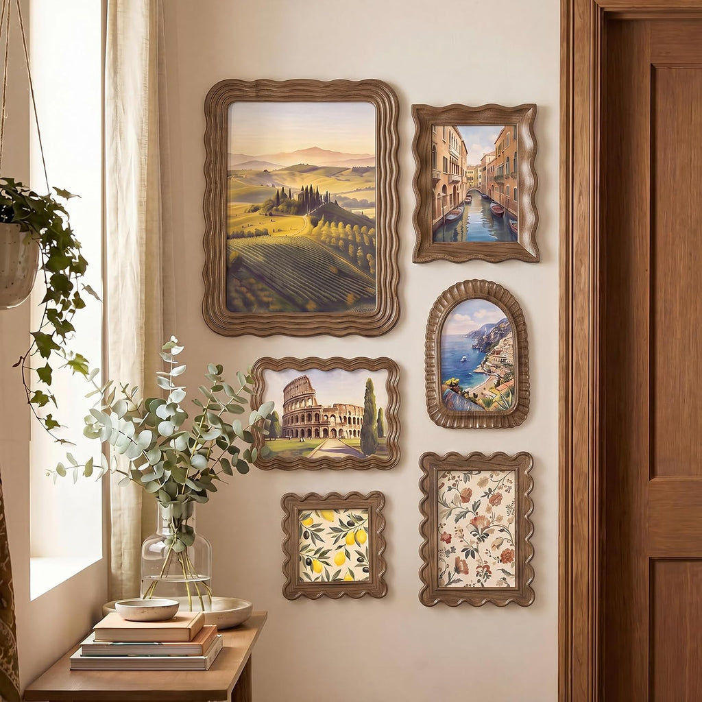 6 Pcs Antique Picture Frames, Scalloped Wavy Edges,Wood,Retro | Vintage Wooden Photo Frame Set, Mixed Sizes, for