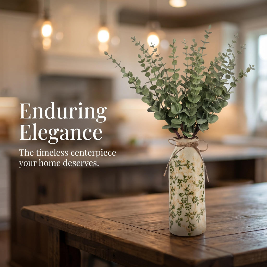 Farmhouse Artificial Eucalyptus Stems in Vintage Ceramic Vase Set (Green)