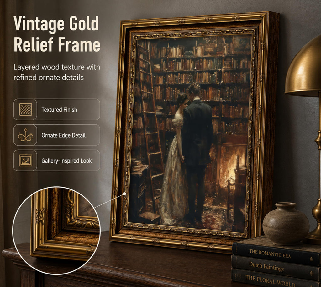 Vintage Gold Framed Library Couple Wall Art, Dark Academia Romantic Canvas Print, Moody Romantic Victorian Library
