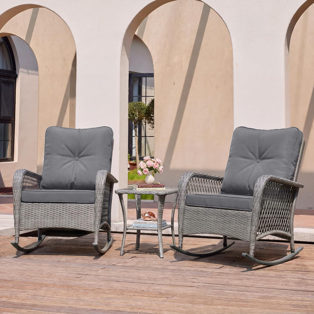 Rocking Chair Outdoor Set 2 w/Coffee Table, 3 Pc Wicker Bistro Set