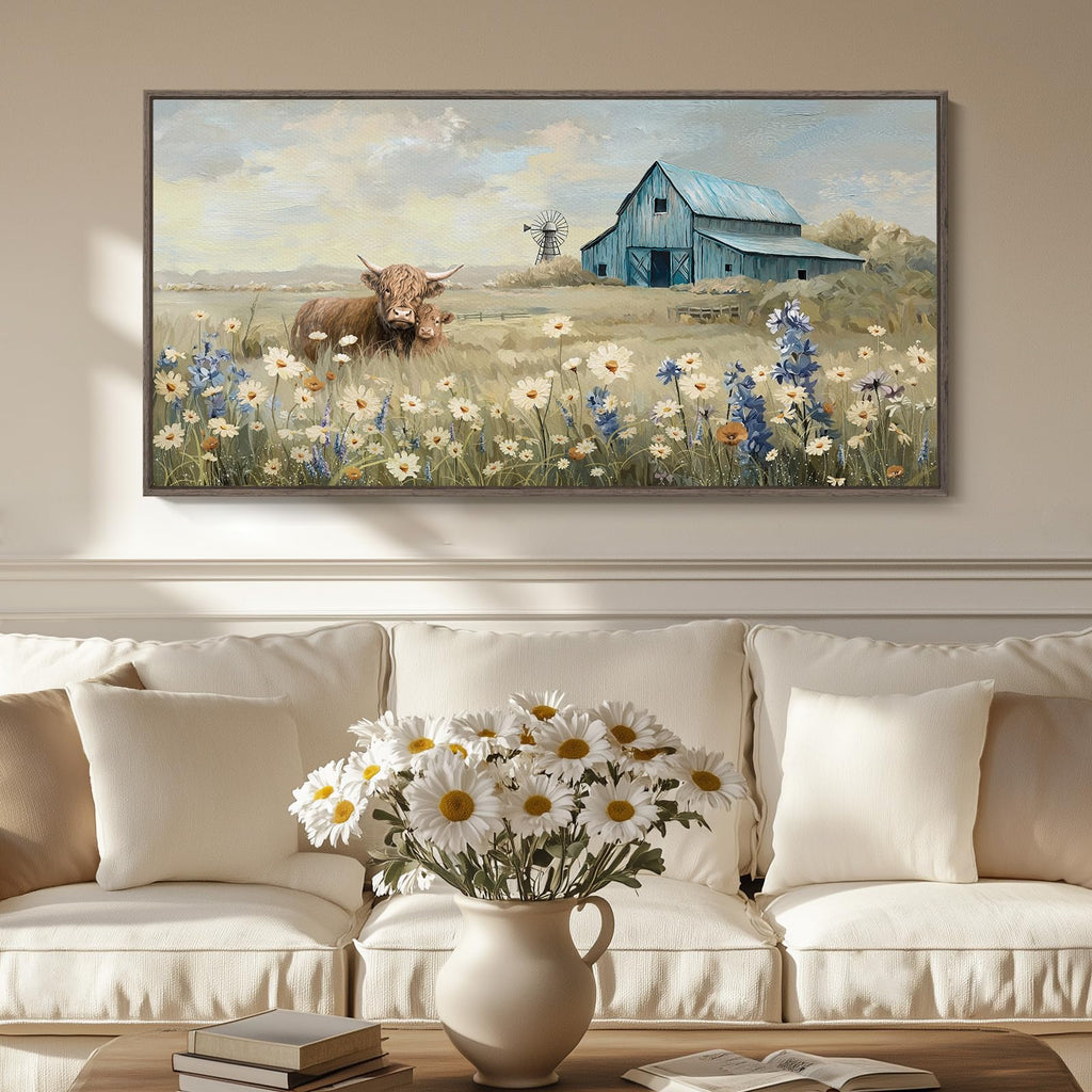 Large Framed Farmhouse Wall Art, Highland Cow Country Pictures Wall Art Decor, Vintage Barn Landscape Floral
