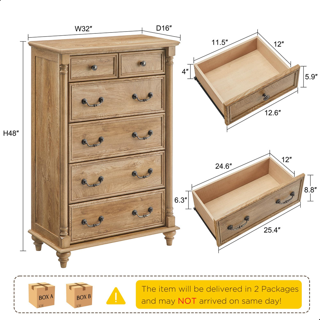 Farmhouse 6-Drawer Dresser with Solid Wood Feet, Light Tree Knot