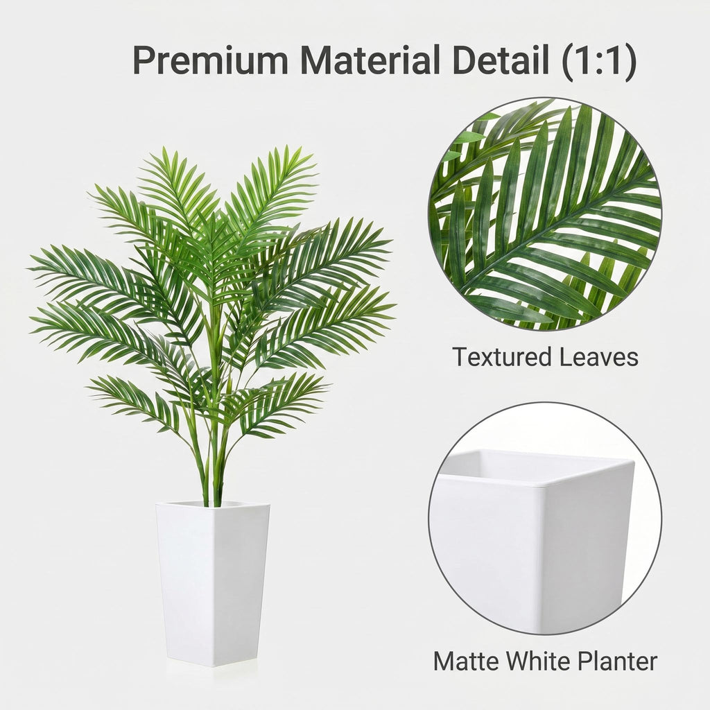 4.2FT Artificial Palm Tree, Tall Faux Tropical Areca Plants with White Tall Planter, Fake Potted Tree with Lifelike