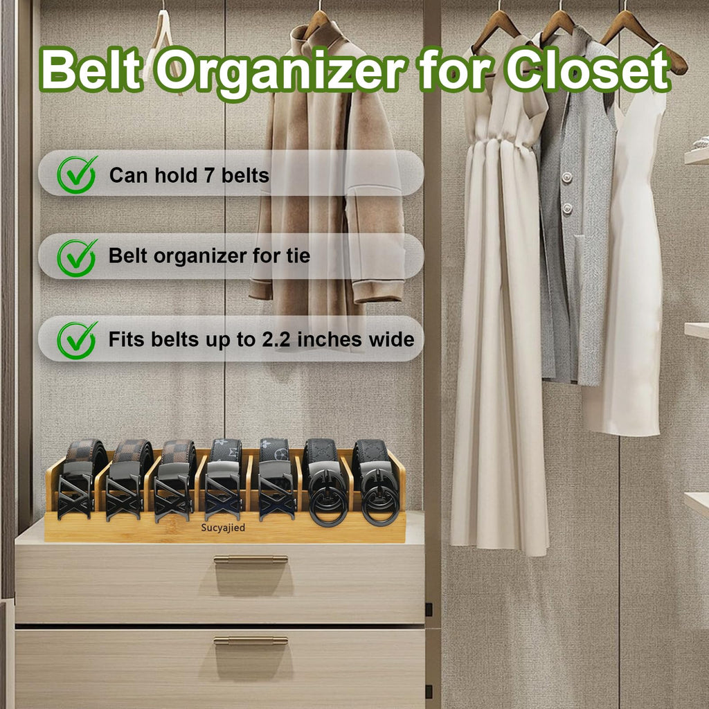 Belt Organizer, 7 Compartments Belt Organizer for Closet and Drawer, Bamboo Tie and Belt Storage Case, Belt Holder