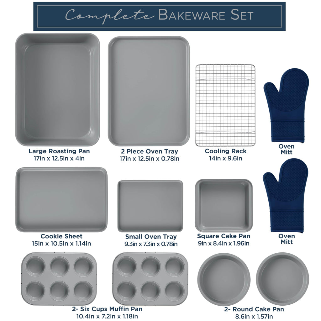Nonstick Stackable Bakeware Set - Deluxe Heavy Duty, Durable, Easy Release Baking Set, Denim, 13 Pcs