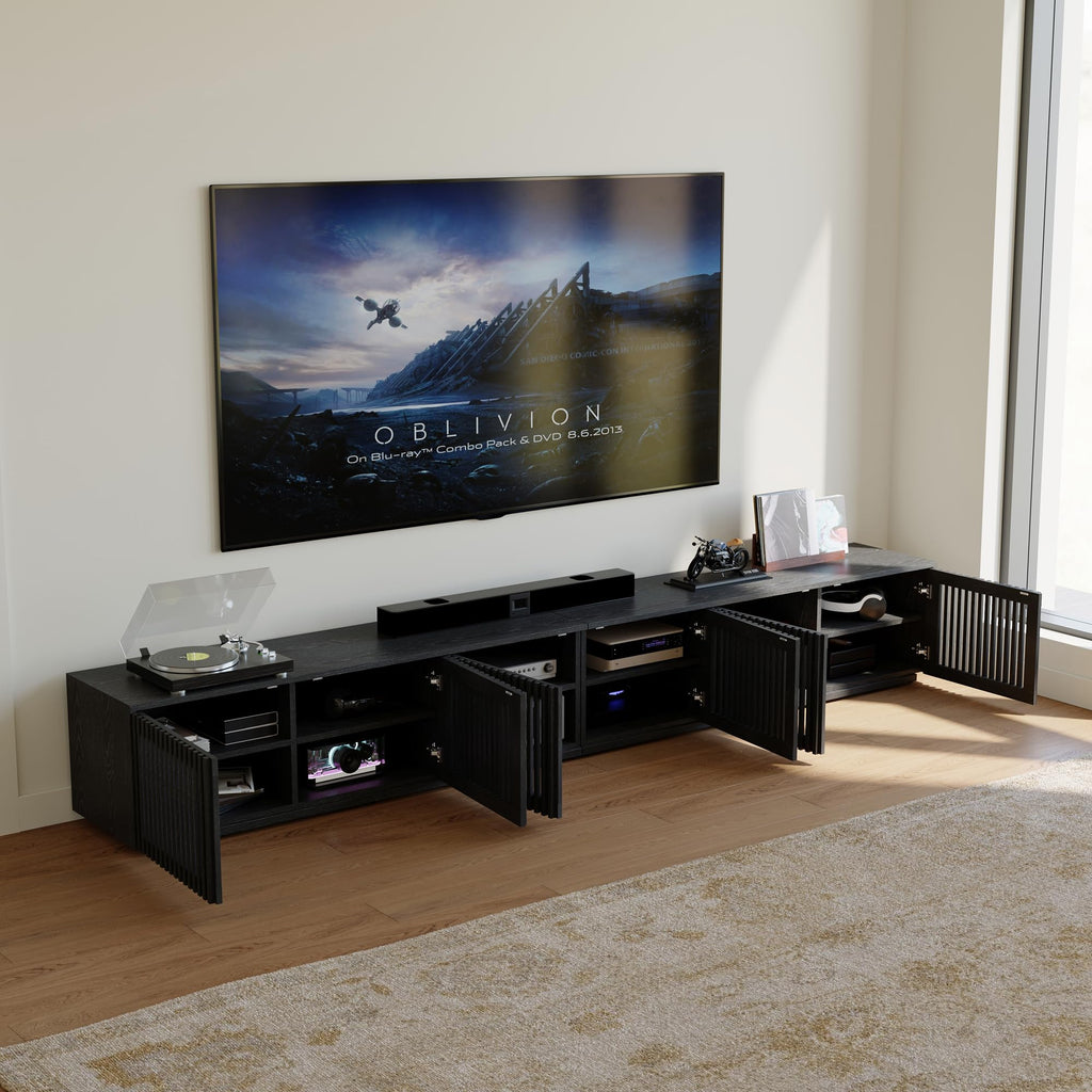 Full Assembled Mid Century Modern TV Stand, 118" Extra-Large Entertainment Center for 100 inch TV, Wood Slatted TV
