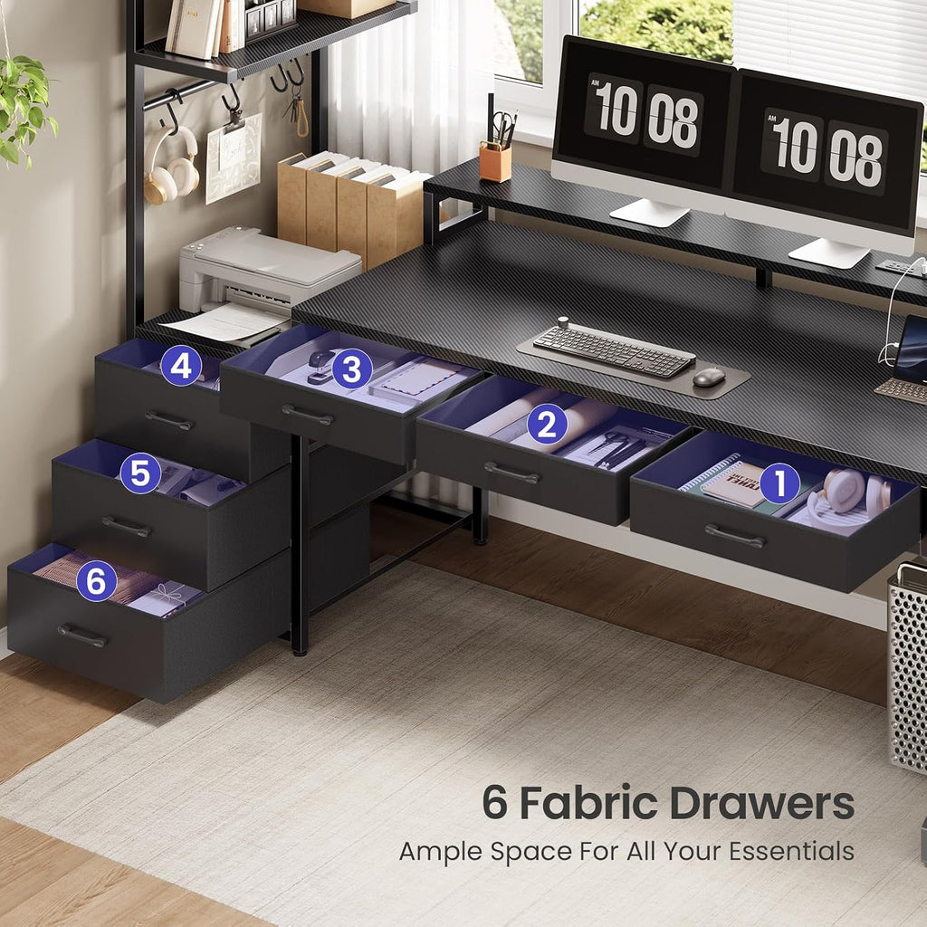 55" Gaming Desk with 6 Drawers and Hutch, Reversible, LED Lights | PC Desk with LED Lights,Power Outlet,Corner