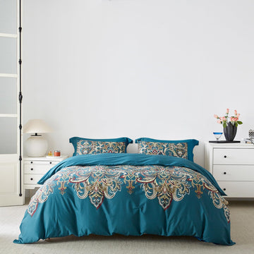 Teal Bohemian Duvet Cover King 100% Egyptian Cotton 3 Pcs Set 1 Boho Damask Patterned Duvet Cover with Zipper Ties 2