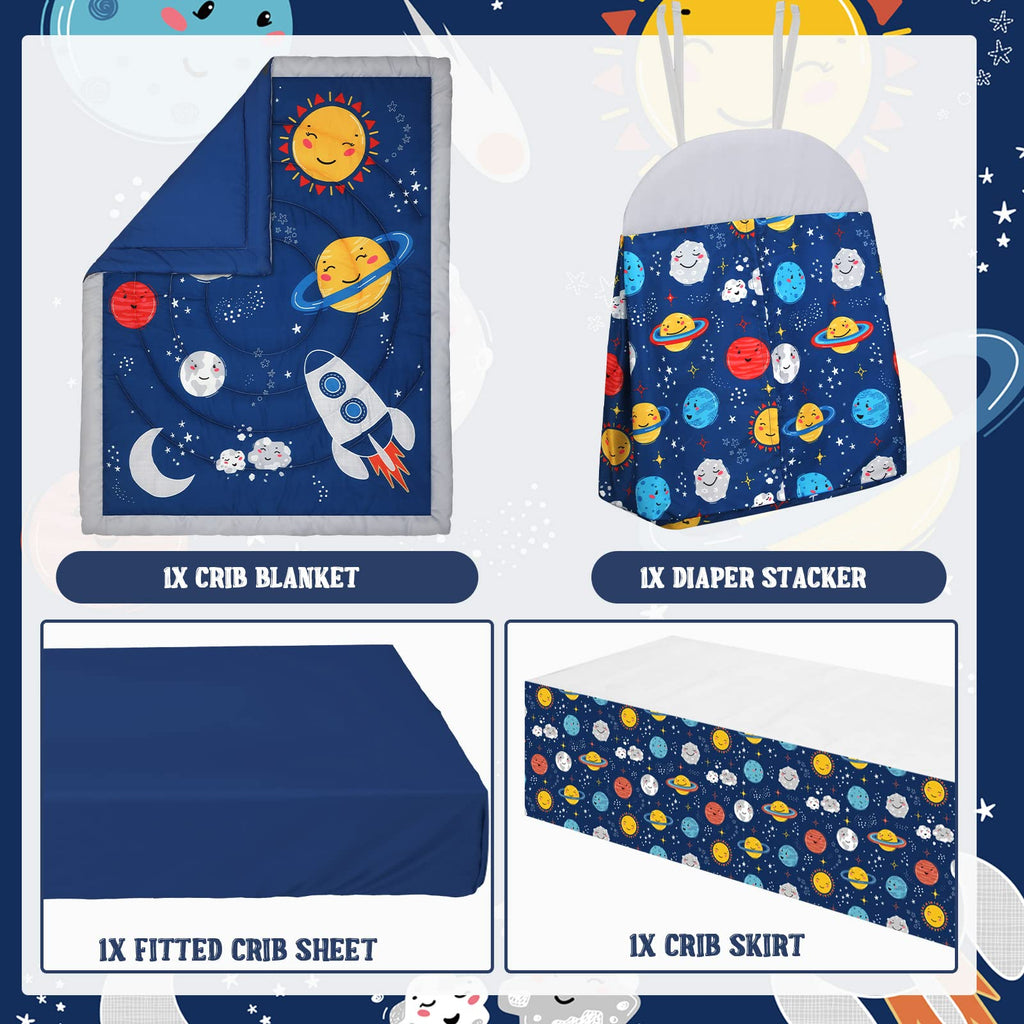 4 Pieces Baby Crib Bedding Set, Standard Nursery Size Soft, Space