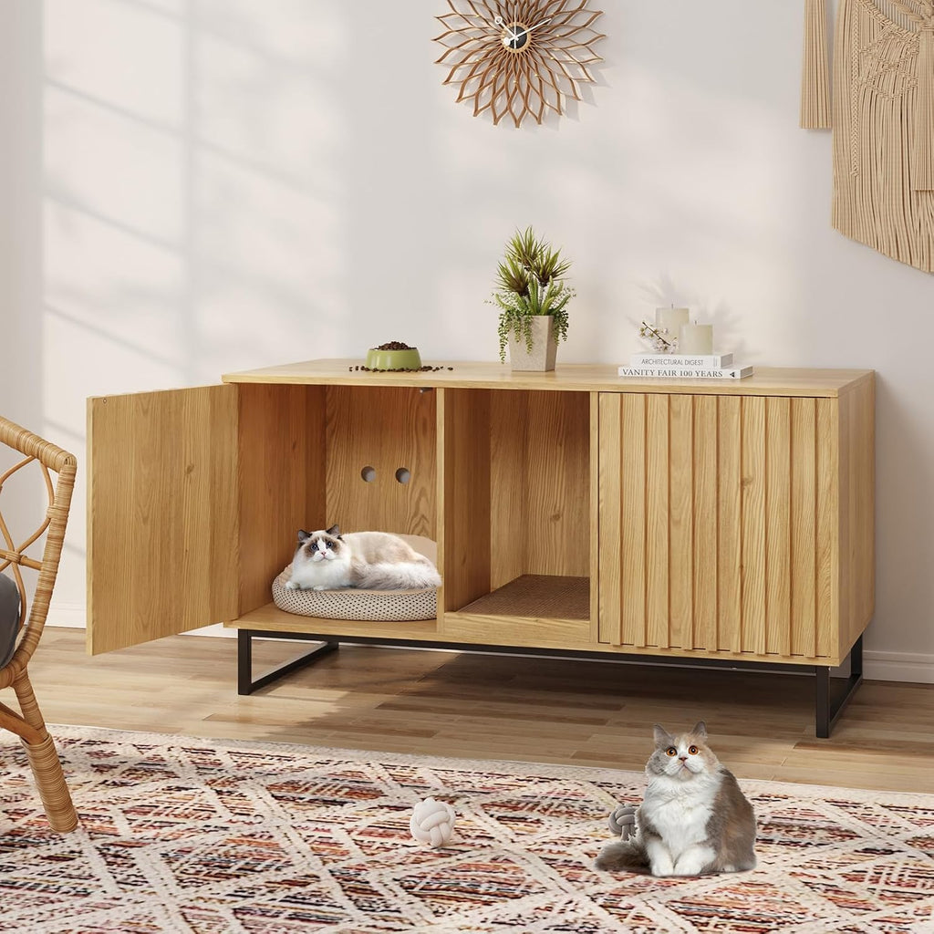 Cat Litter Box Enclosure for 2 Cats, 47.6'' Litter Box Furniture Hidden with Scratch Pad, Double Room Large Cat