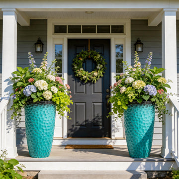24" Tall Large Planters for Outdoor Plants, Turquoise Ceramic-Look