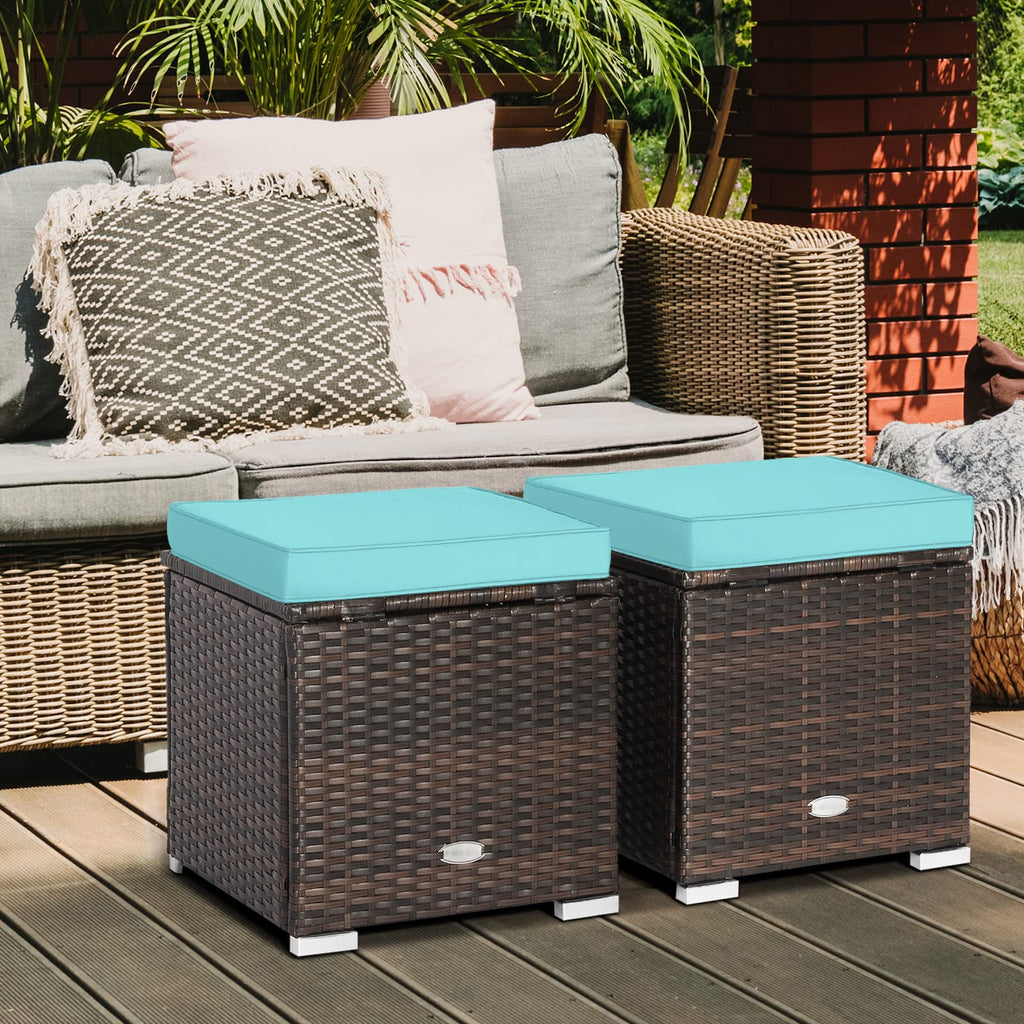 2PCS Patio Ottoman Set Outdoor Wicker Stool with Storage, Rattan Footrest Ottoman with Solid Metal Frame and Cushion