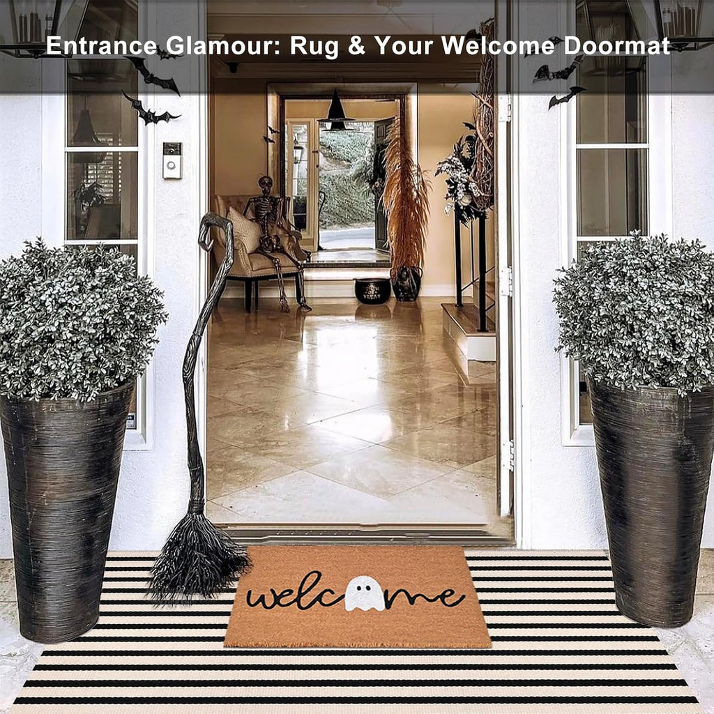 Black and Ivory Striped Area Rug, Cotton Woven Farmhouse Rug and Covered Porch, Reversible Washable Modern