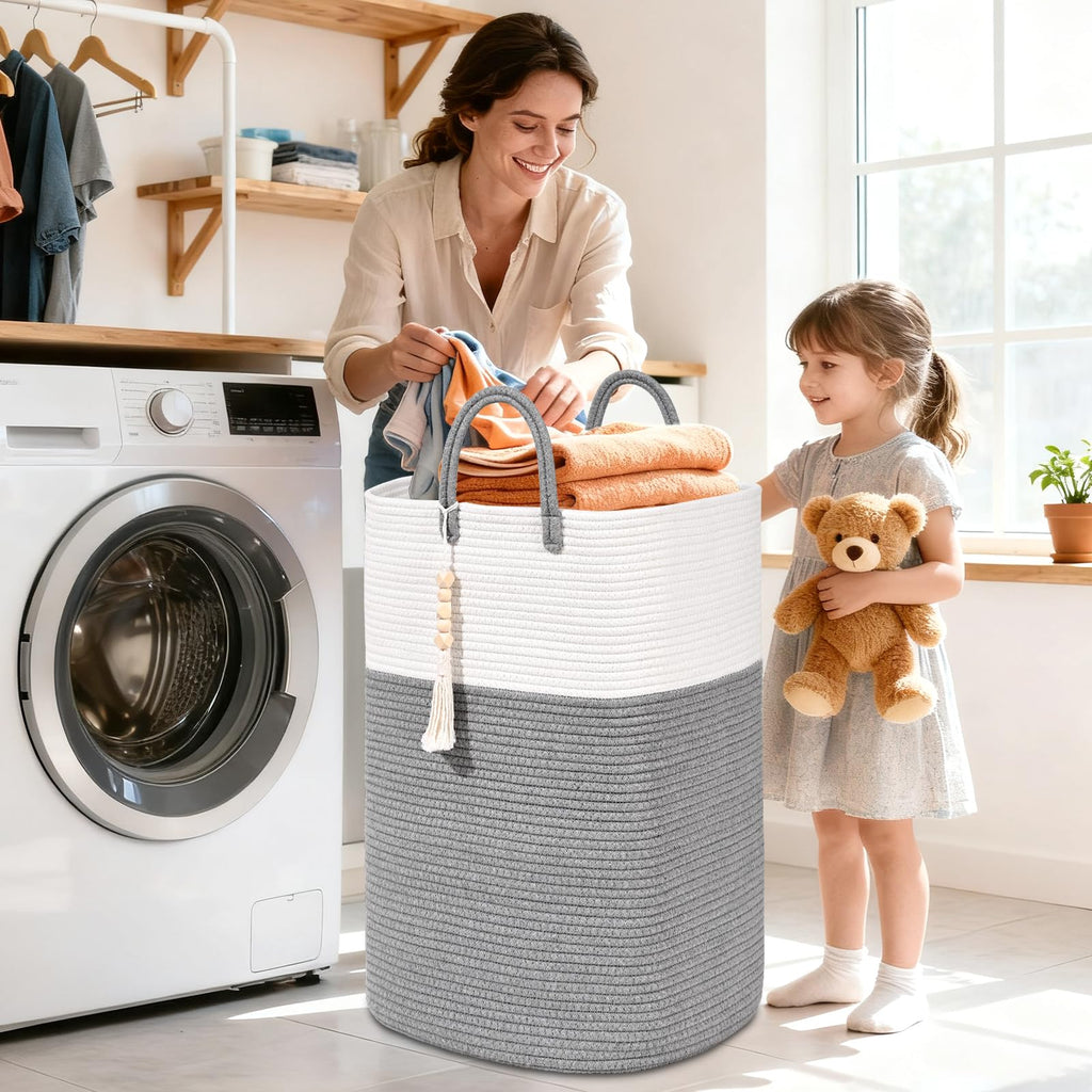 Woven Laundry Basket for Clothes, 65L Large Rectangle Laundry Hampers with Beads Tassel, Nursery Storage Basket for