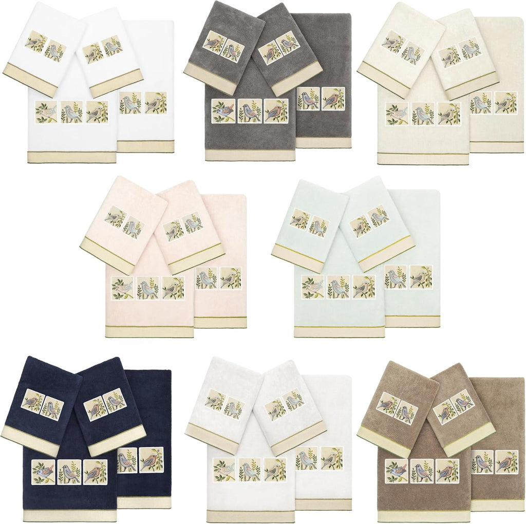 Vibrance 4-Piece Towel Set, Embroidered Birds, Premium Turkish Cotton, Plush Comfort, Country Elegance, 2 Bath 2 Hand