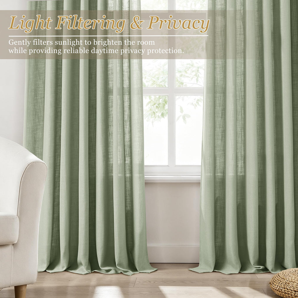 Pinch Pleated Linen Curtains 96 Inches Long 2 Panels Bedroom Light Filtering Semi Sheer Sage Green Drapes Back Tab
