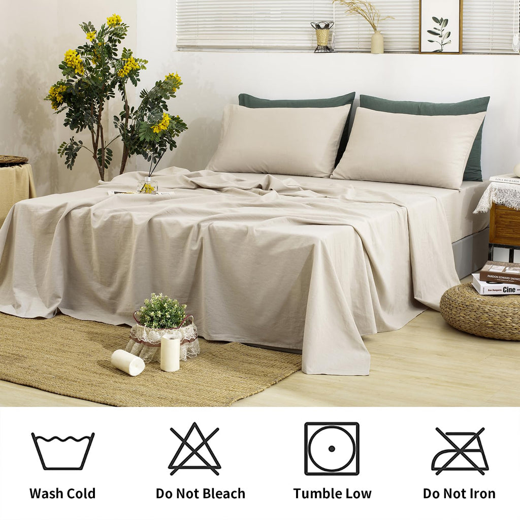100% French Linen Sheets Bed Sheets 4Pcs, 16" Deep Pocket