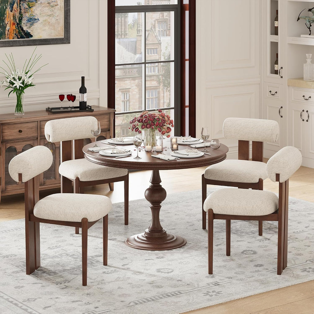 Modern Wooden Dining Chairs Set of 4, Upholstered Fabric Kitchen Chairs with Sculptural Backrest, Mid-Century