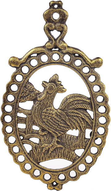 Vintage Rooster Cast Iron Trivet, Oval-Shaped Black Gold Trivet