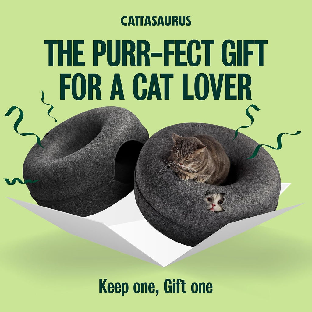 Peekaboo Cat Cave Donut for Multiple & Large Cats up to 30-45 lbs, 3-in-1 Self Warming Cat Bed, Tunnel & Scratcher