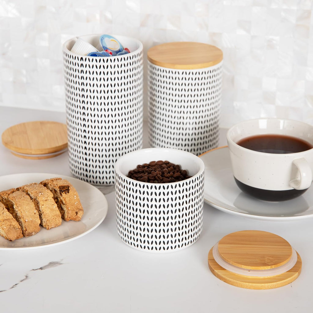 3-Piece Canister Set, Sugar Container, Coffee Storage, Lids, Kitchen, Ceramic, 4"L x 4"W x 7"H, Black and White