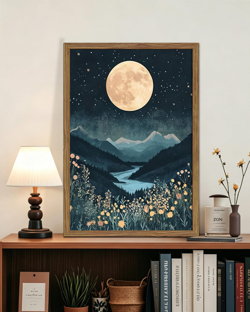Framed Moonlight Mountain Landscape Canvas Wall Art, Vintage Nature Aesthetic Wall Decor Painting, Full Moon Night