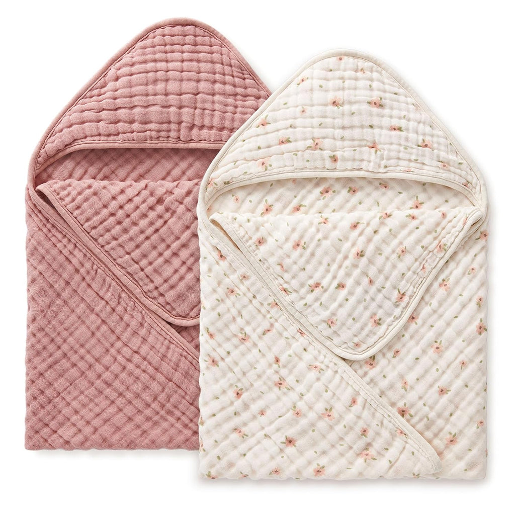 Muslin Baby Hooded Towel 2 Pack, Soft & Absorbent Bath Towel for Baby Girls, Infant Gift, Newborn Essentials, Pink