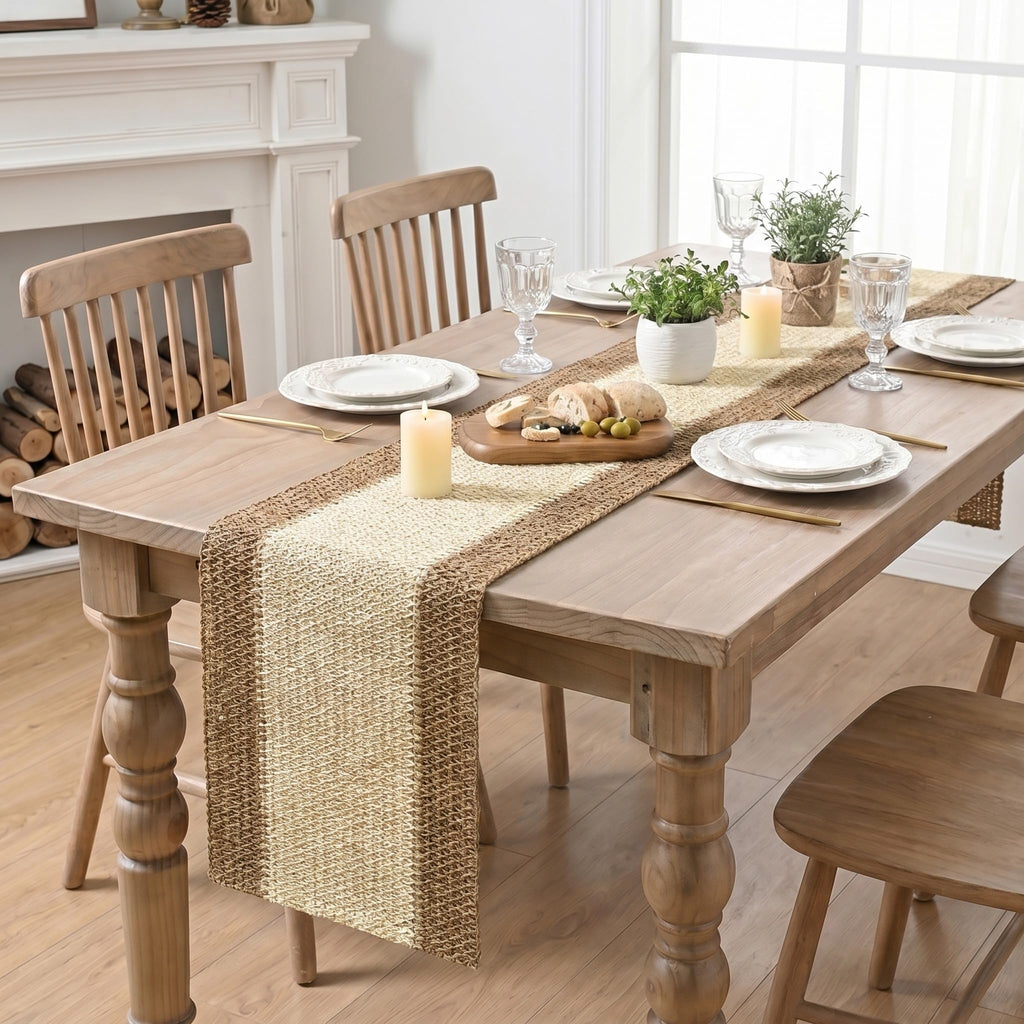 Burlap Brown Farmhouse Rustic Paper Braided Table Runner, Seasonal Christmas Woven Kitchen Dining Table Decoration