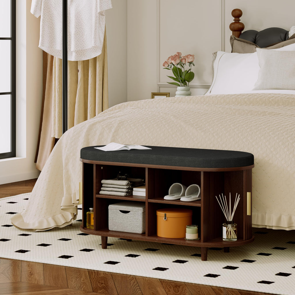2-Tier Storage Bench, Wide Shoe Bench with Thickened Padded Seat Cushion, Mid Century Modern Fluted Sliding Door and