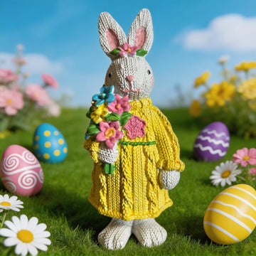 Easter Decorations Bunny Table Decor Rabbit Figurine - Knitted Texture Resin Rabbit Figurine with Flower Bouquet