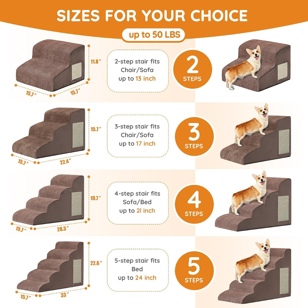 Dog Stairs for Small Dogs 22.6" H, Dog Ramp for Bed, 5-Step, Coffee