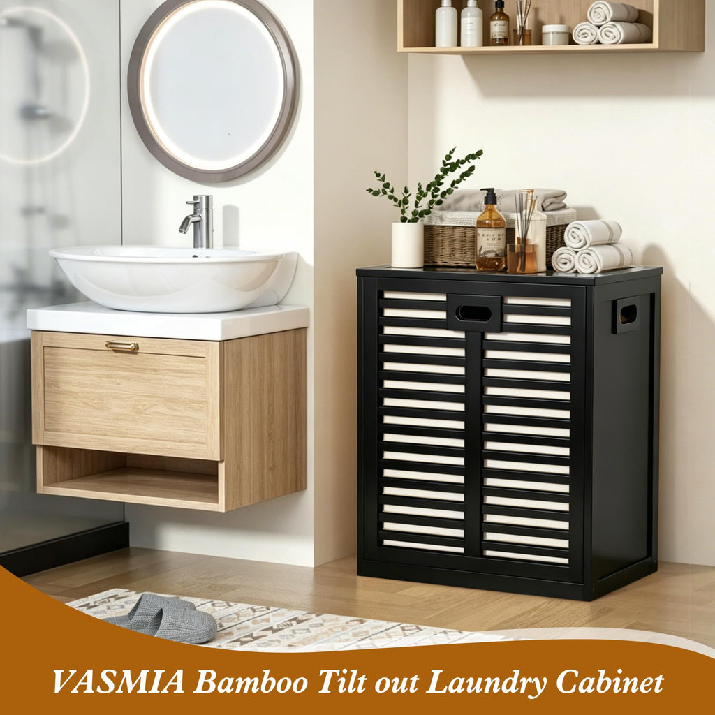 Tilt Out Laundry Hamper, Bamboo Laundry Cabinet with Hidden Removable Basket,Dirty Clothes Storage Organizer , Black