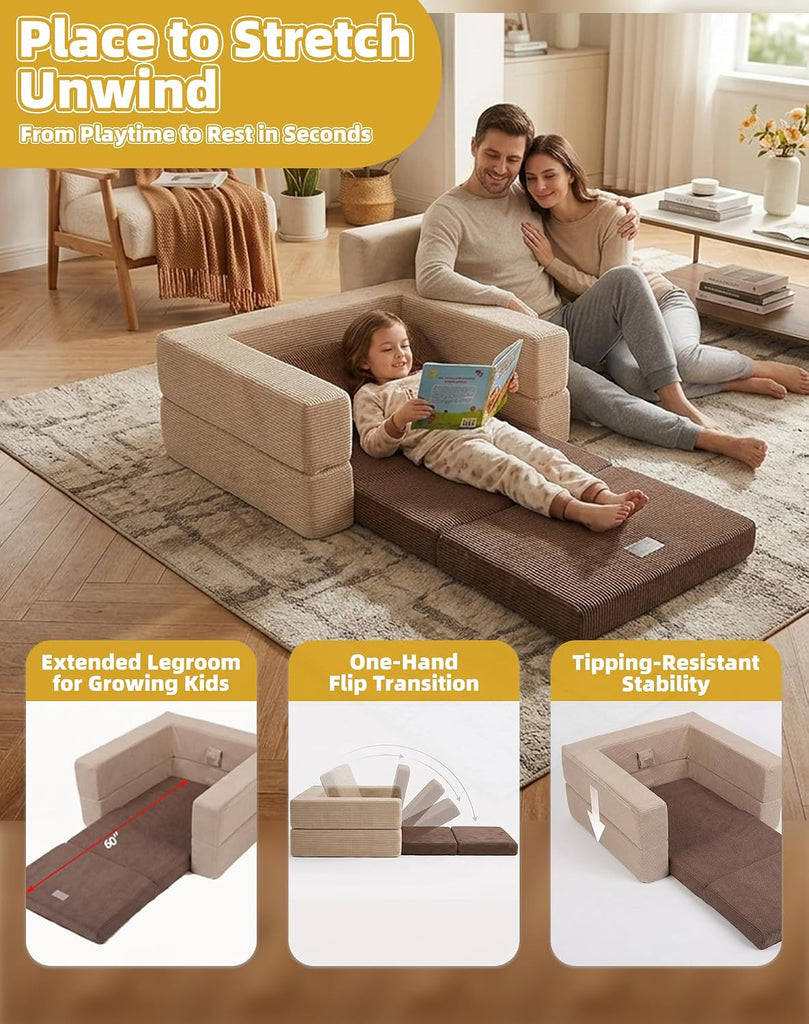 Toddler Travel Sofa Bed with Bear Pattern, 3-in-1 Convertible Toddler Sofa Bed, Portable Soft Foam Kids Couch