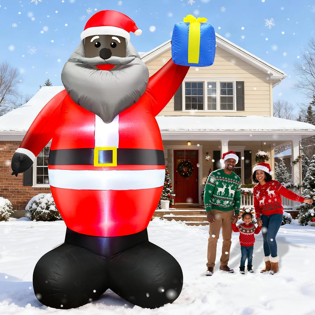 8 Ft Christmas Inflatables Outdoor Decorations Black Santa Claus, African American Santa Holds Gift Box Built in LED