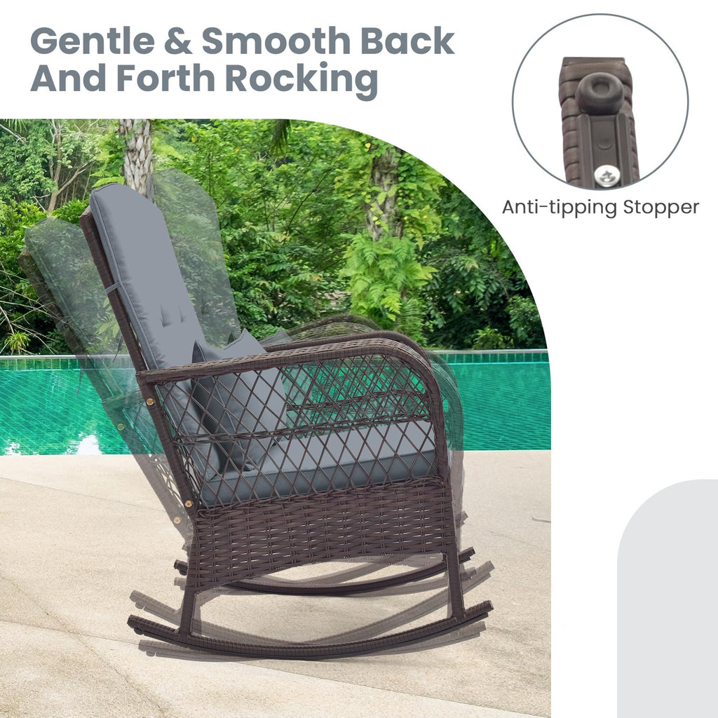 3 Pieces Patio Rocking Chair Set, Wicker Bistro Set (Grey)