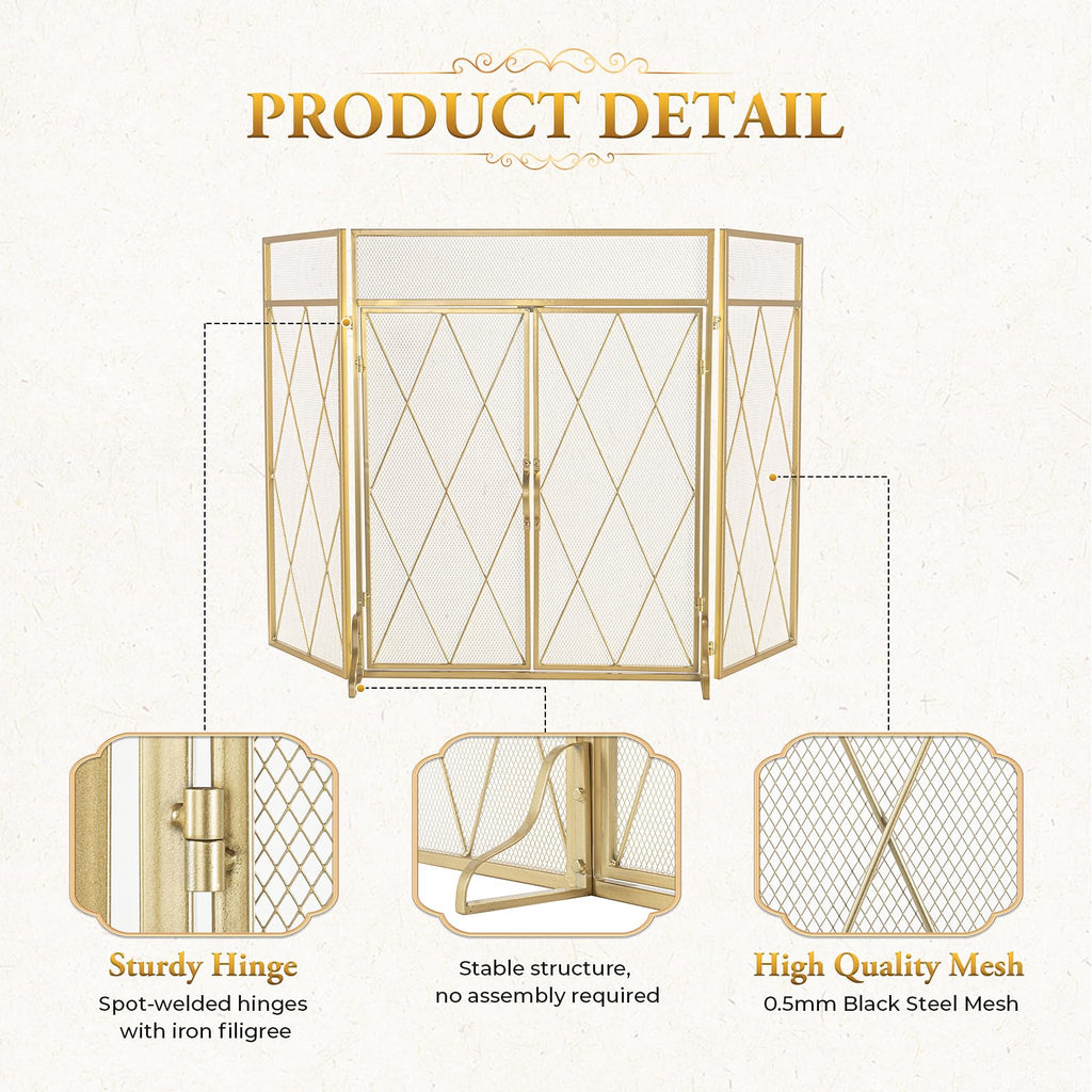 3-Panel Fireplace Screen with Double Doors, 50" x 32", Gold