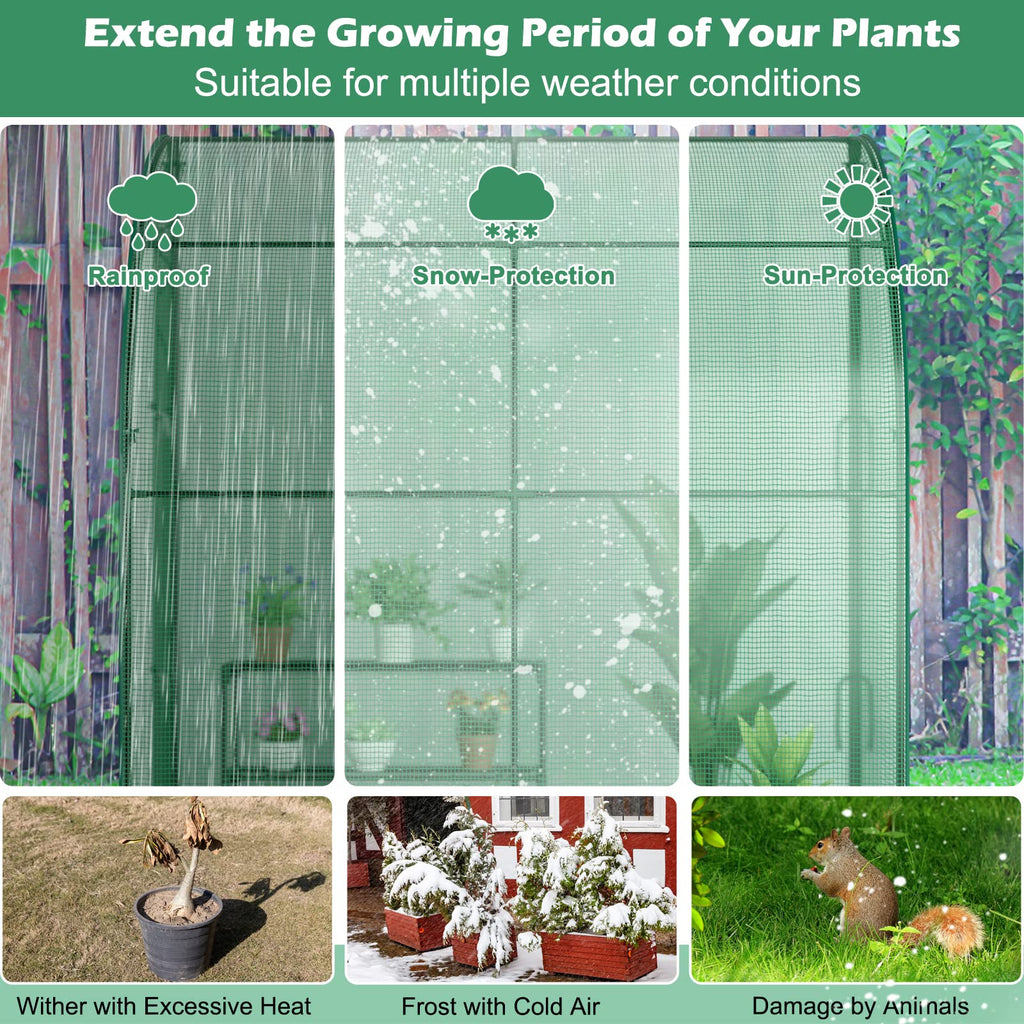 7 x 3.5 x 7 ft Greenhouse, Mini Lean-to Walk-in Green House with 3 Tiers Flower Rack & Weatherproof PE Cover, Roll-up