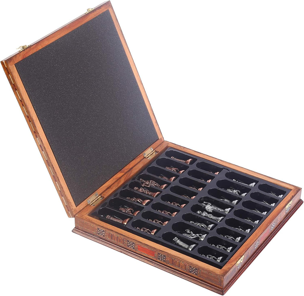 Historical Egypt Pharaoh Figures Metal Chess Set for Adults, Handmade Pieces and Natural Solid Wooden Chess Board