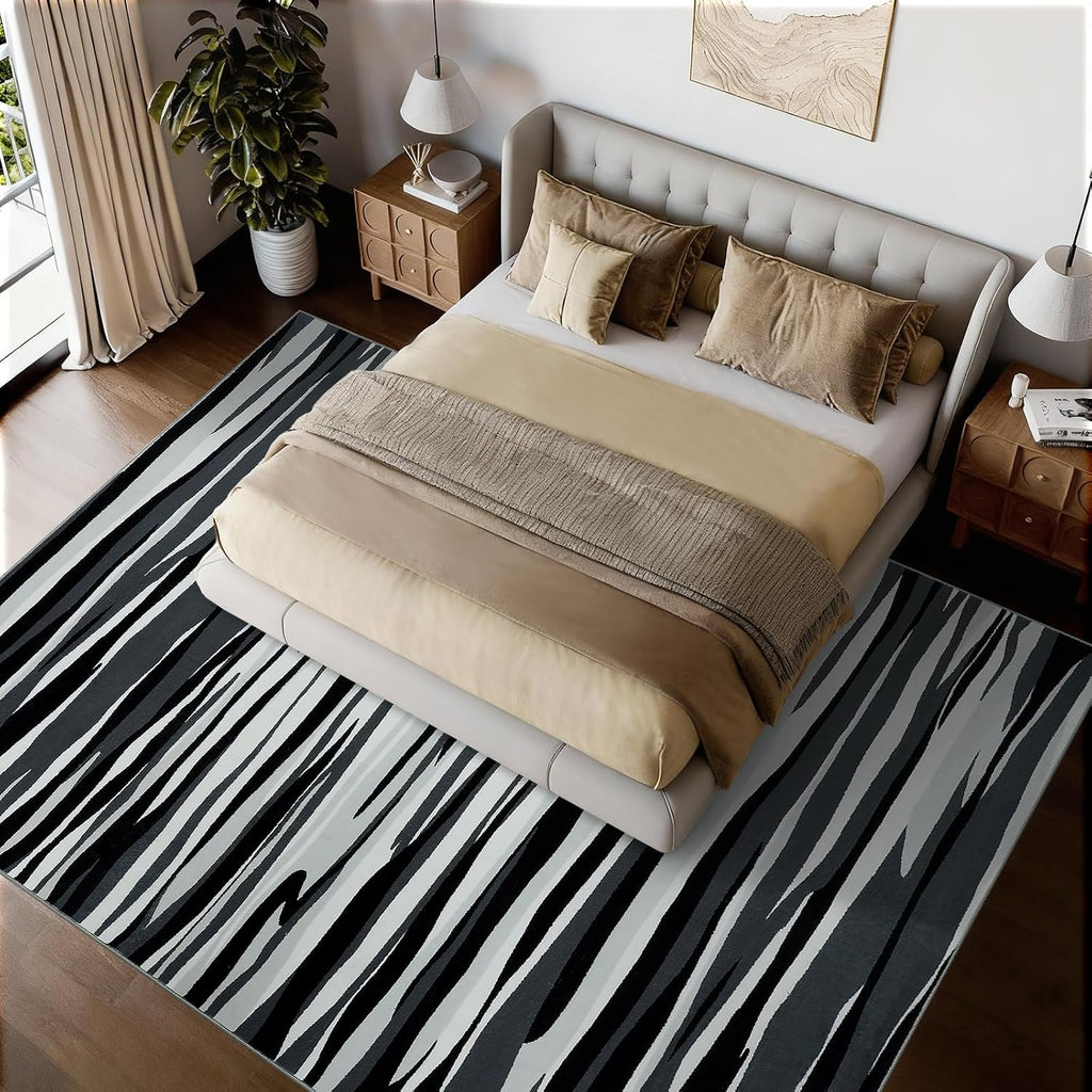 Area Rugs : Modern Abstract Black Grey and White Rug - Nonslip Washable Striped Rug Dining Room Office