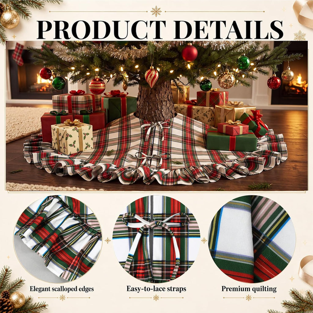 Red, Green, White Plaid Ruffled Christmas Tree Skirt, 60 Inch